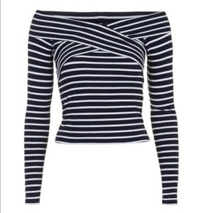 Topshop Striped Bardot Top in Blue/White